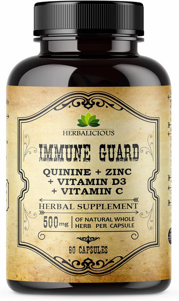Quinine Immune Guard - Quinine Capsules Supplement With Vitamin C, D3, Zinc - For Muscle Cramps Relief & Stomach Wellness - Non-Gmo Cinchona Bark Herbal Supplements - 500Mg, 60 Capsules
