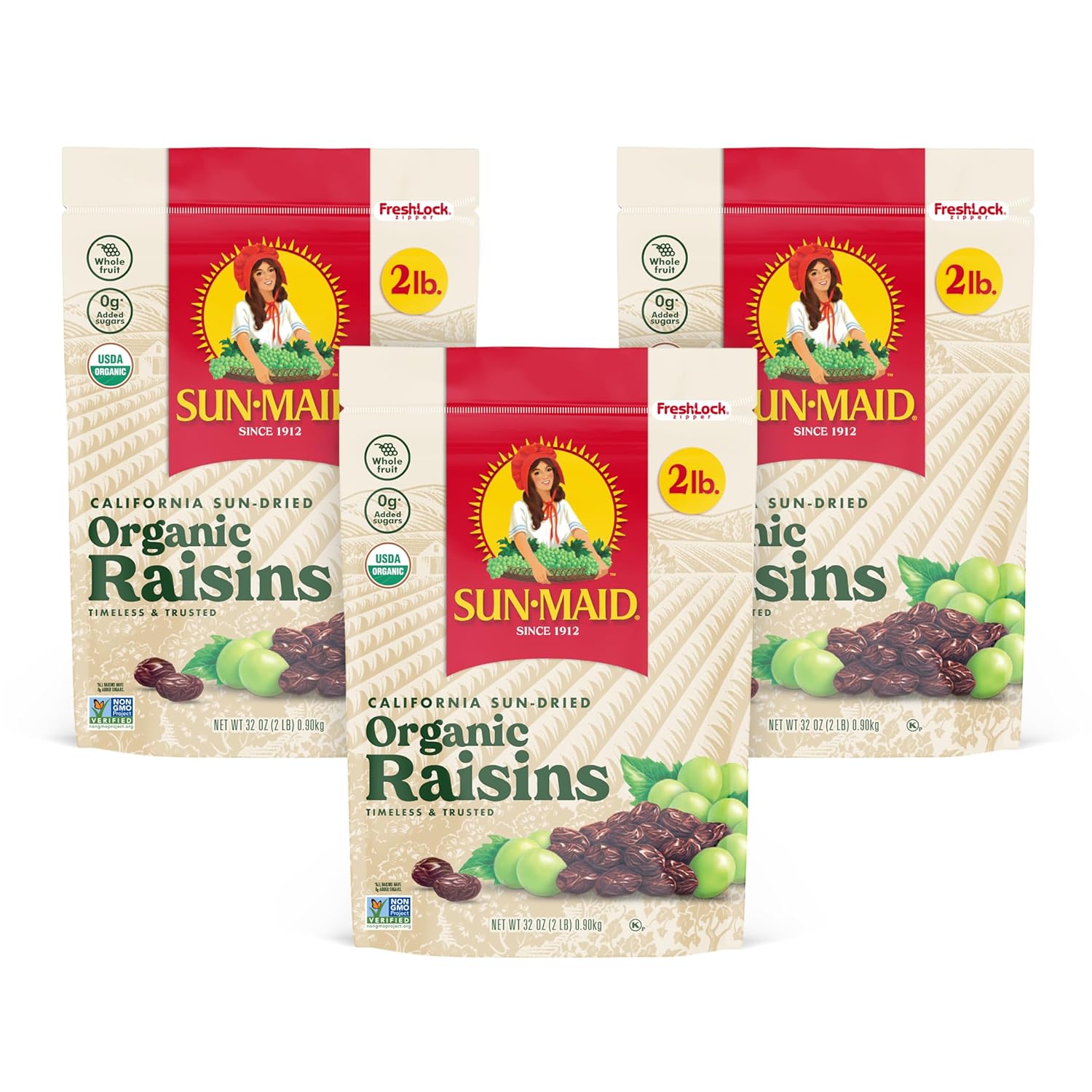 Sun-Maid Organic California Sun-Dried Raisins - 32 Oz Resealable Bag - Organic Dried Fruit Snack For Lunches, Snacks, And Natural Sweeteners (Pack Of 3)