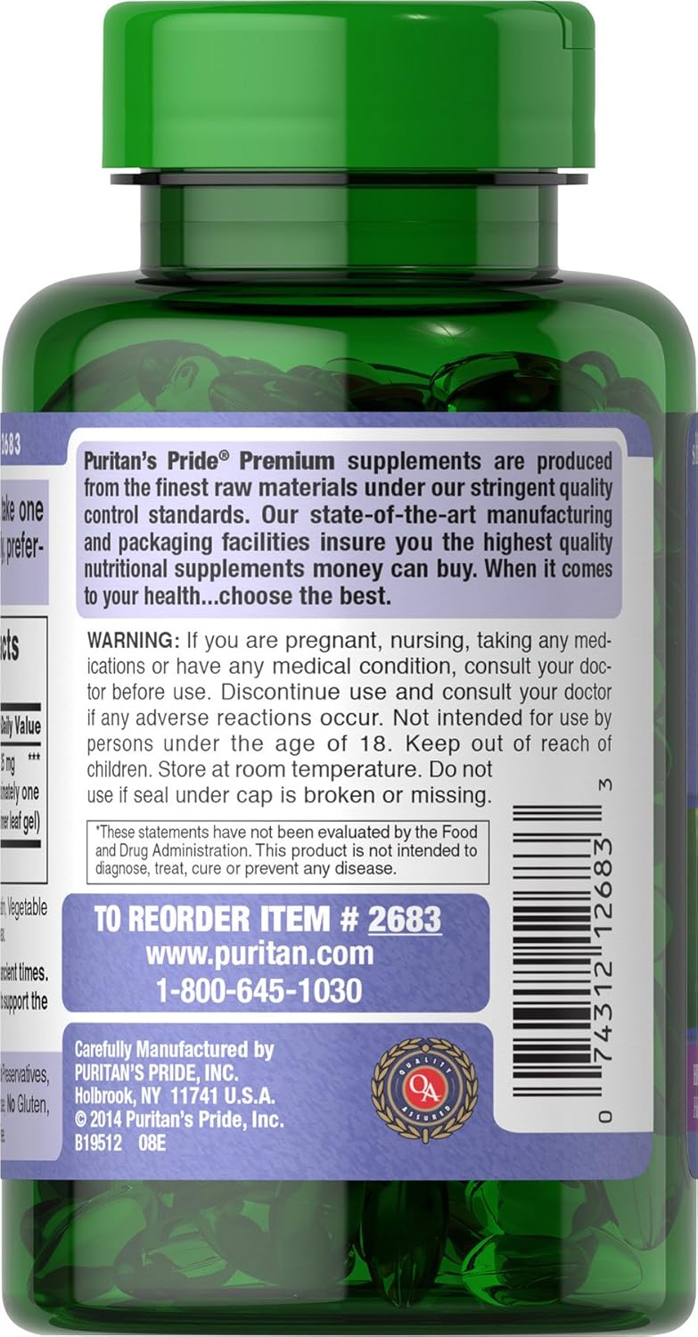 Puritan's Pride Aloe Vera Extract 25mg (5000mg equivalent) Softgels, 200 Count (Packaging may vary) : Health & Household