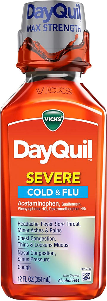 Vicks Dayquil Severe Cough, Cold And Flu, Berry Flavor, 12 Fl Oz (Non-Drowsy) - Sore Throat, Fever, And Congestion Relief