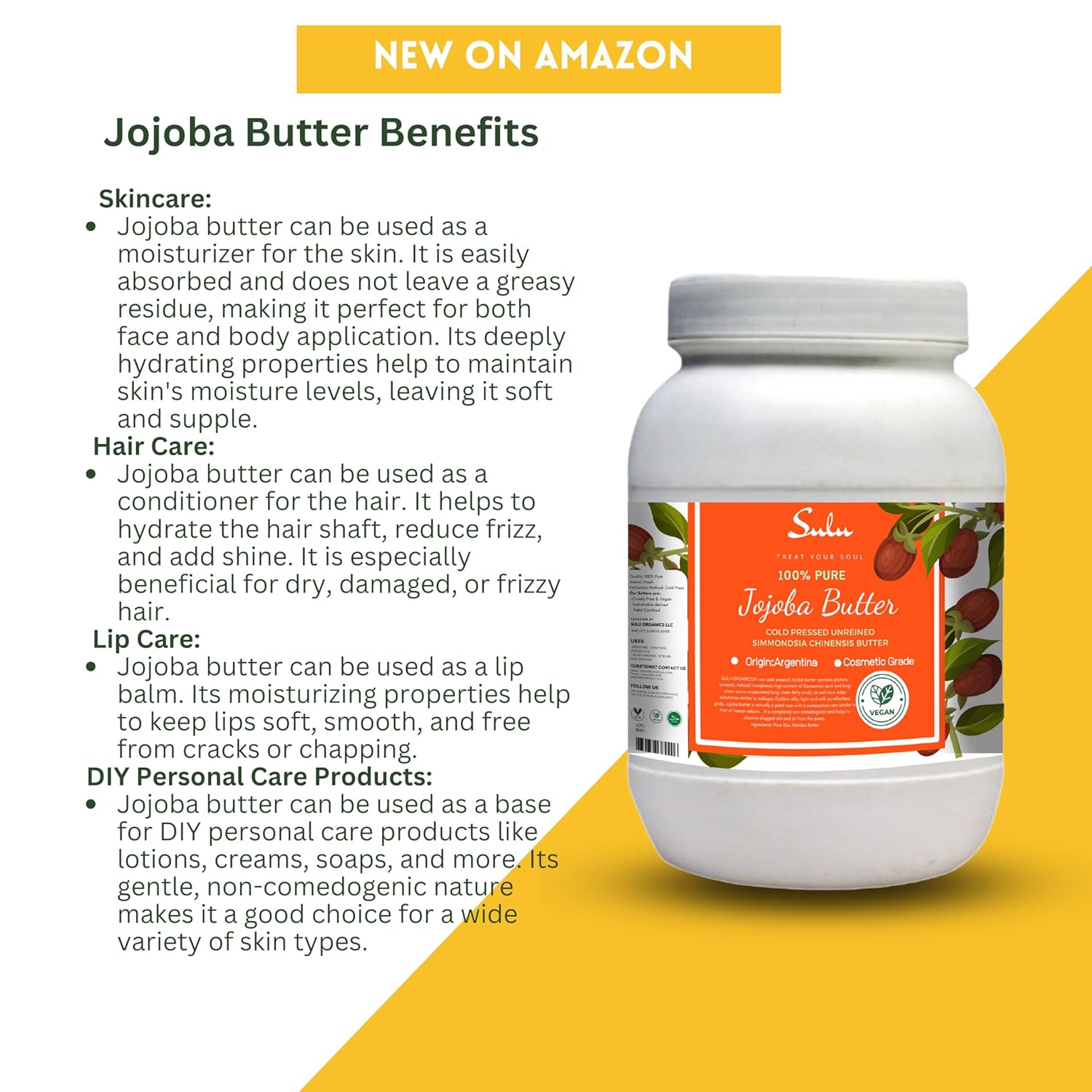 SULU ORGANICS Golden Jojoba Butter- 100% Pure Unrefined Cold Pressed Simmondsia Chinesis Butter (16 oz) : Beauty & Personal Care