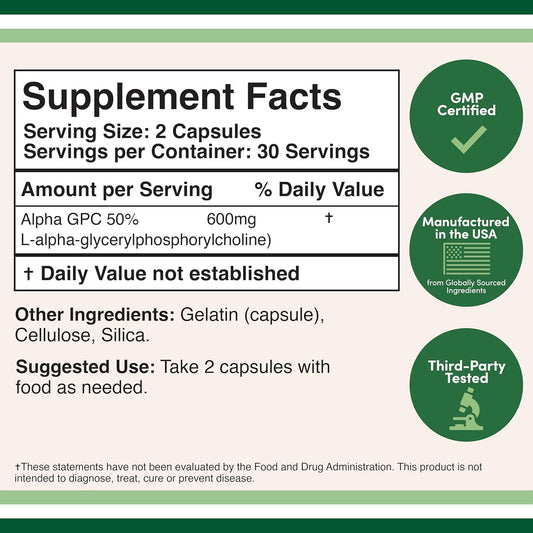 Alpha GPC Choline Brain Supplement for Acetylcholine (60 Count, 600mg Servings) Advanced Memory Formula, Focus and Brain Support Supplement, Focus Supplement (Non-GMO, Gluten Free) by Double Wood