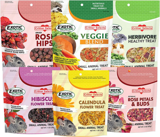 Exotic Nutrition Herbivore Treats 6 Pack - Healthy Assortment Small Animal Pet Treat - Squirrels, Guinea Pigs, Rabbits, Chinchillas, Prairie Dogs, Degus, Hamsters, Gerbils, Herbivores