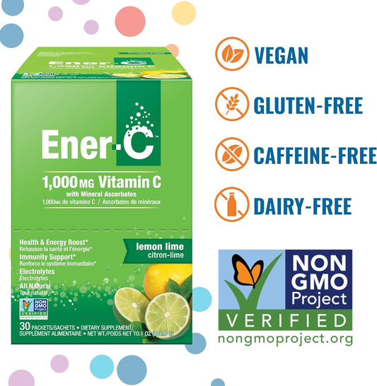 Ener-C Lemon Lime Multivitamin Drink Mix Powder Vitamin C 1000mg & Electrolytes with Real Fruit Juice Natural Energy & Immune Support for Women & Men - Non-GMO Vegan & Gluten Free - 60 Count