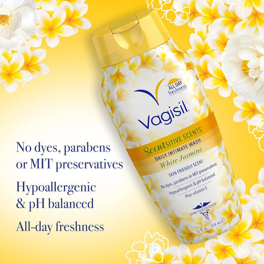 Vagisil Scentsitive Scents Daily Feminine Intimate Wash For Women, Plus Vitamin E, All-Day Freshness, Hypoallergenic, Skin-Friendly White Jasmine Scent, 354 Ml