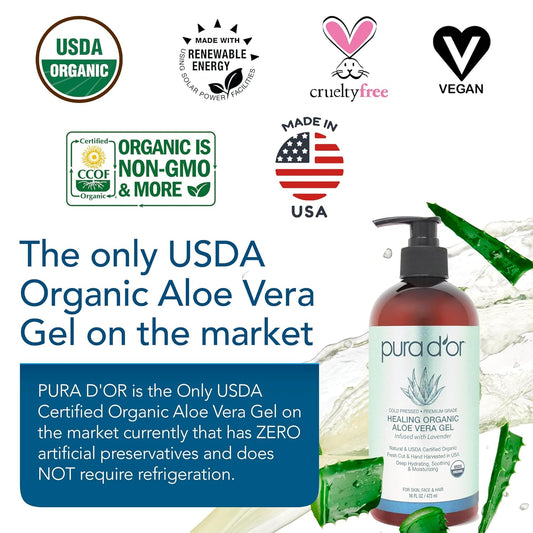 Pura D'Or 16 Oz Organic Aloe Vera Gel - Lavender - All Natural - Zero Artificial Preservatives - Deeply Hydrating & Moisturizing - Sunburn, Bug Bites, Rashes, Small Cuts, Eczema Relief - Skin & Hair