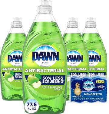 Dawn Dish Soap, Antibacterial Hand Soap, Dishwashing Liquid, Apple Blossom Scent,19.4 Oz, Pack Of 4 + 2 Sponges