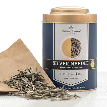Taimei Teatime Silver Needle White Tea Loose Leaf, Organically Grown Chinese Fuding Premium Loose White Tea Leaves - Bai Hao Yin Zhen Tea, Low Caffeine, High Antioxidant, In Tin