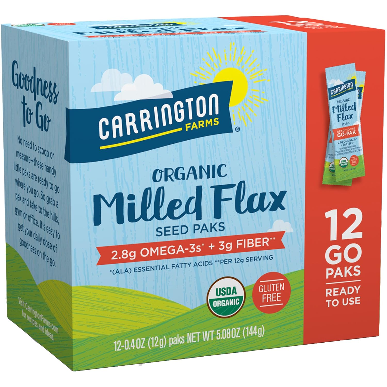 Carrington Farms Organic Milled Flax Seed, Gluten Free, Usda Organic, 12 Count Easy Serve Packets (Pack Of 6)