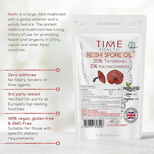 Reishi Spore Oil 500Mg Softgels - 20% Triterpenes - 5% Polysaccharides - Zero Additives - Gmp Standards - Uk Made - Zero Additives (60 Capsule Pouch)