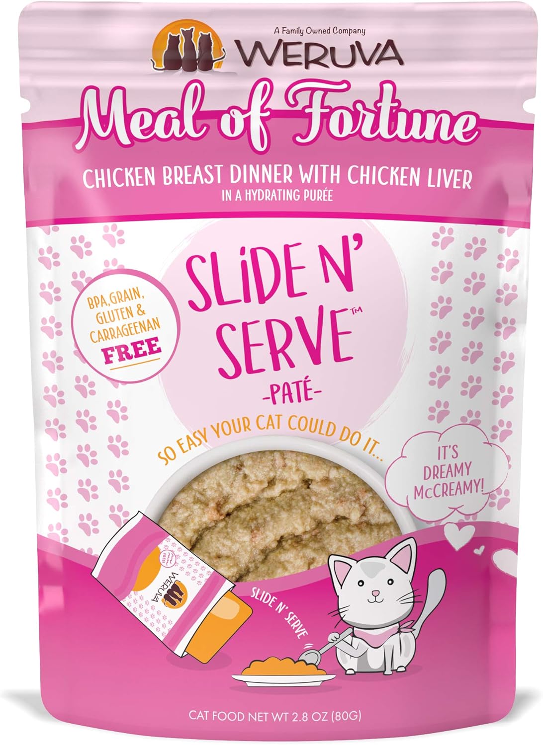 Weruva Wet Cat Food, Meal Of Fortune Chicken With Chicken Liver Pate, 2.8Oz Slide N Serve Pouch, Pack Of 12