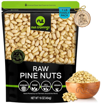 Nut Cravings - Raw Pine Nuts Pignolias, Unsalted, Shelled, (16Oz - 1 Lb) Bulk Nuts Packed Fresh In Resealable Bag Kosher Healthy Snack, Natural Keto Vegan - Ideal For Trail Mixed Nuts