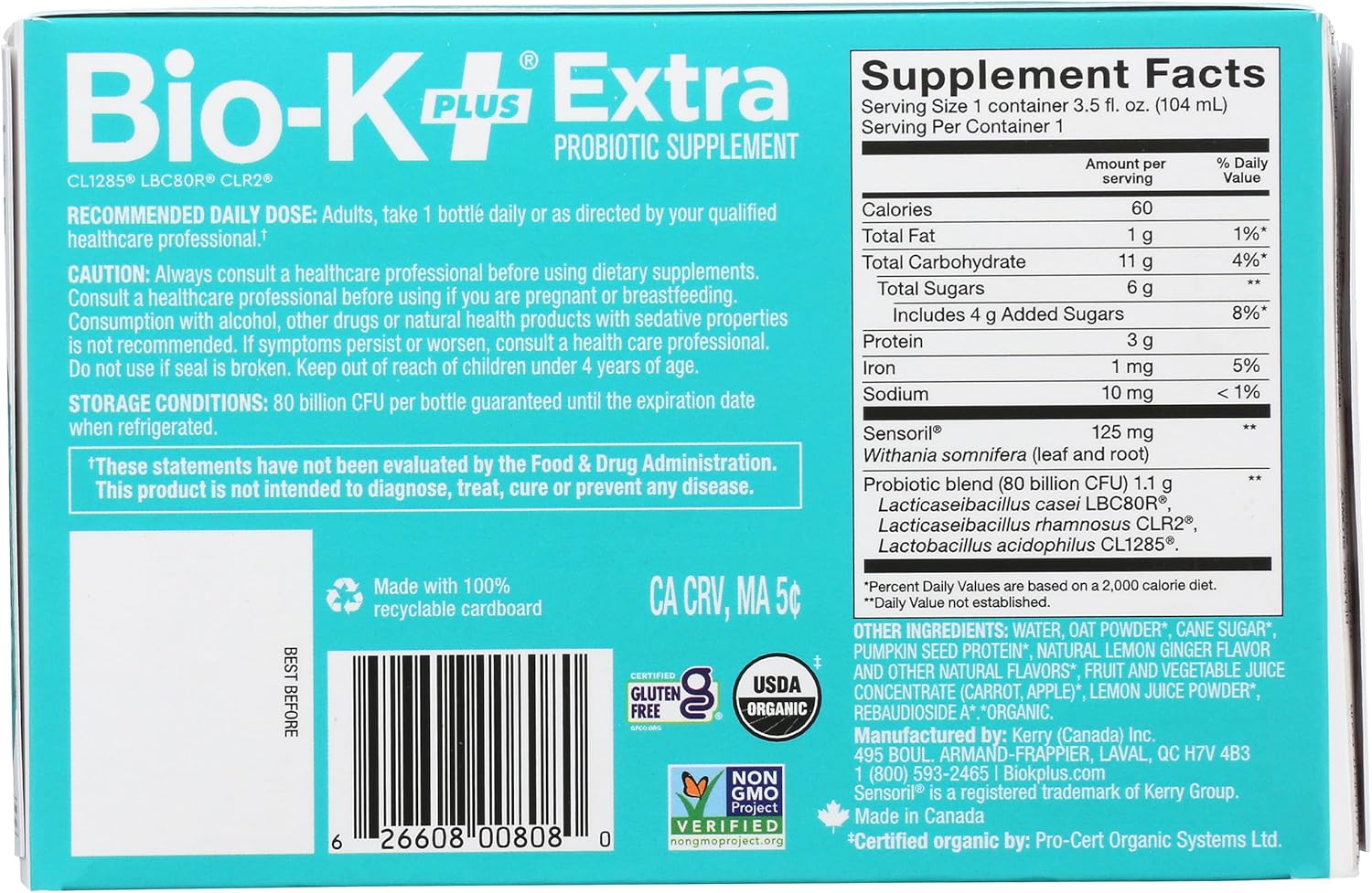 Bio-K Plus Organic Extra Stress Support Liquid With Sensoril 6Pk, 3.5 Fz
