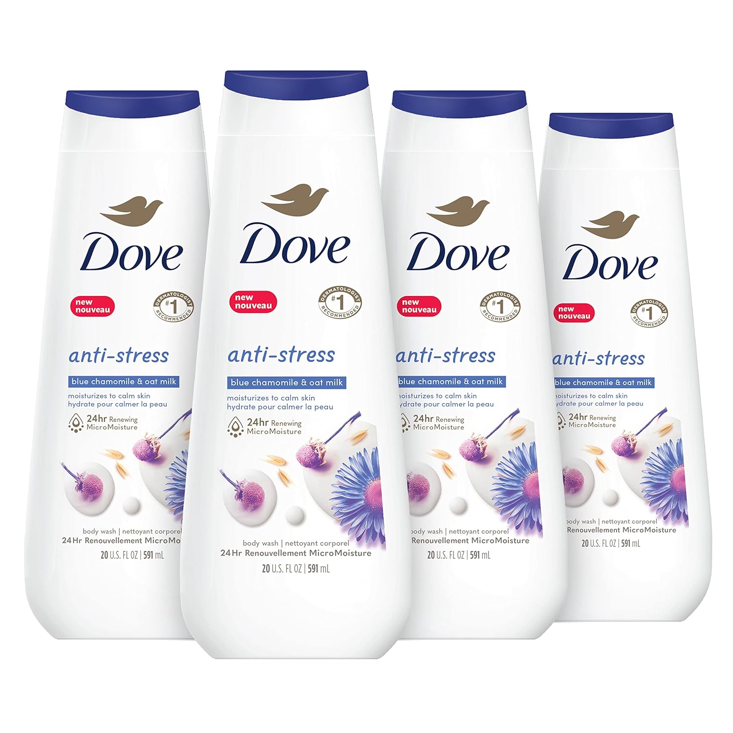 Dove Body Wash Anti-Stress Blue Chamomile & Oat Milk 4 Count For Renewed, Healthy-Looking Skin Moisturizing Gentle Skin Cleanser With 24Hr Renewing Micromoisture 20 Oz