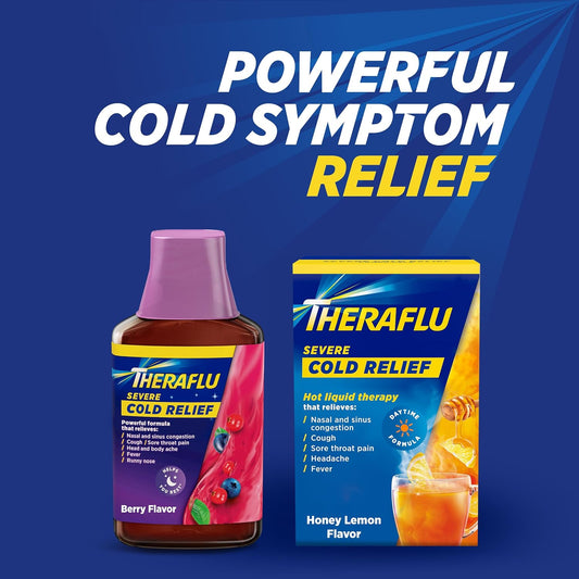 Theraflu Combo Nighttime Severe Cold Relief Syrup, Berry Flavor, 8.3 fl oz and Theraflu Daytime Severe Cold Relief Powder, Honey Lemon Flavor, 6 Ct