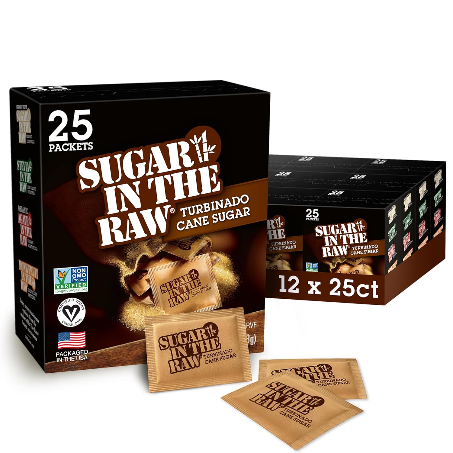 Sugar In The Raw Turbinado Cane Sugar Packets, 25 Ct Box, 12 Pack, Pure, All-Natural Turbinado Sugar, Non-Gmo Project Verified, Kosher, Vegan And Gluten Free