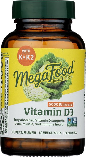 Megafood Vitamin D3 5000 Iu (125 Mcg) - Vegetarian Vitamin D Supplements With Vitamin D3 K2, Supports Bones, Teeth, Muscles & Immune Health, Certified Non-Gmo - 60 Mini Capsules, 60 Servings