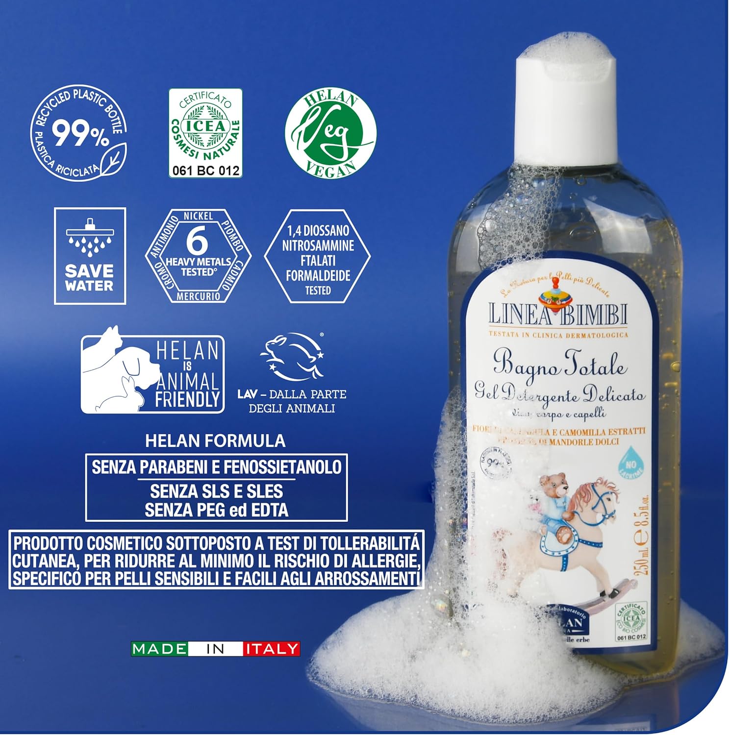 Helan, Linea Bimbi Bio, Baby Shampoo And Body Wash, Baby Wash Gel With Marigold & Chamomile Flower Extracts, Kids Shampoo & Gentle Cleanser With Sweet Almond Protein For Baby Bath, Made In Italy 250Ml