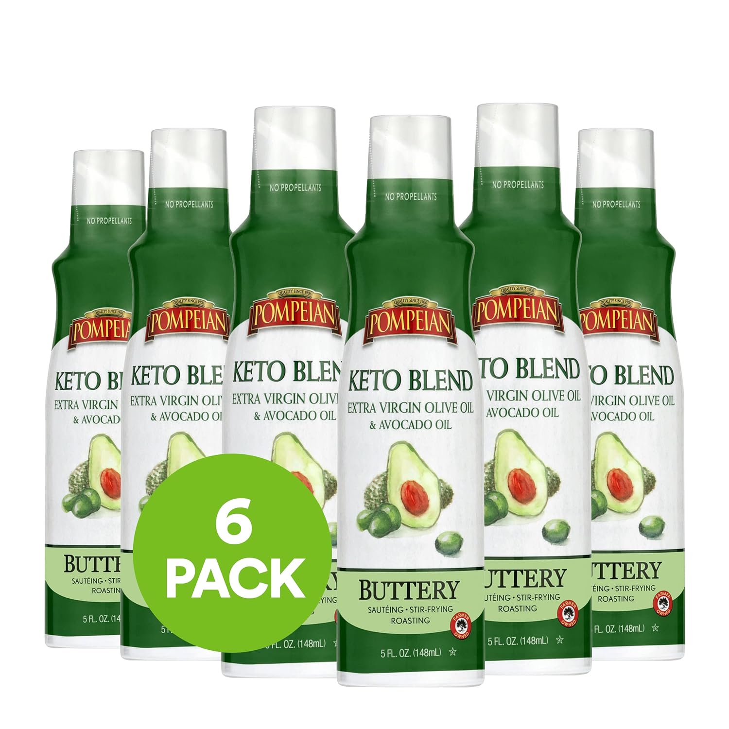 Pompeian Keto Extra Virgin Olive Oil & 100% Avocado Oil Cooking Spray, Great For Sauteing, Stir-Frying, & Roasting, Naturally Gluten Free, Non-Allergenic, Non-Gmo, No Propellants, 5 Fl. Oz.(Pack Of 6)