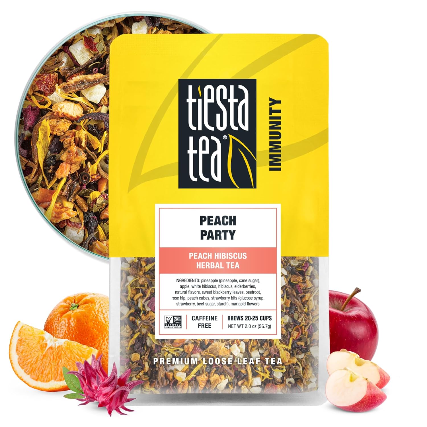 Tiesta Tea - Peach Party | Peach Hibiscus Herbal Tea | Premium Loose Leaf Tea Blend | Non-Caffeinated Fruit Tea | Make Hot Or Iced & Up To 25 Cups | Made W/Natural Ingredients - 2Oz Resealable Pouch