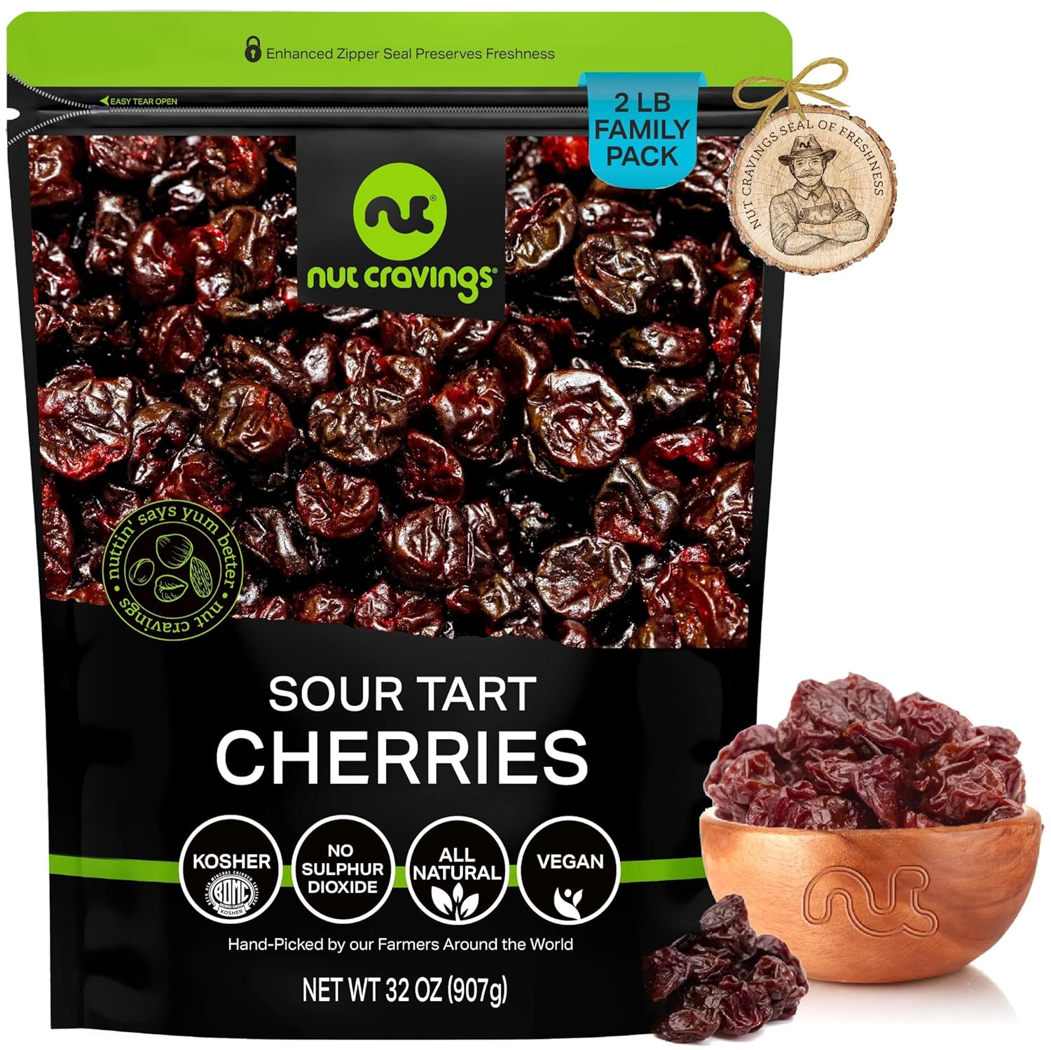 Nut Cravings Dry Fruits - Sun Dried Sour Tart Cherries, Lightly Sweetened (32oz - 2 LB) Packed Fresh in Resealable Bag - Sweet Snack, Healthy Food, All Natural, Vegan, Kosher Certified