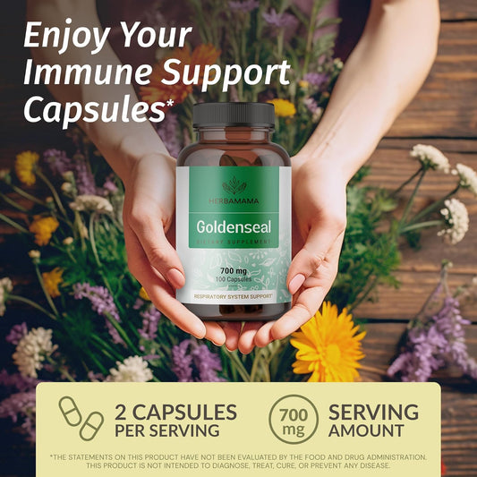 Herbamama Goldenseal Powder Capsules - 700 Mg Goldenseal Root Immune Support Supplement - Respiratory Support Capsules - Vegan, Non-Gmo - 100 Caps