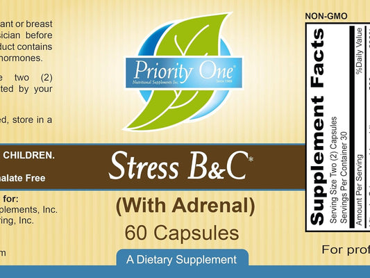 Priority One Vitamins Stress B & C 60 Capsules - B Complex with Whole Gland Adrenal to Support Healthy Nerves, Skin, Eyes, gastrointestinal, and Brain Functions