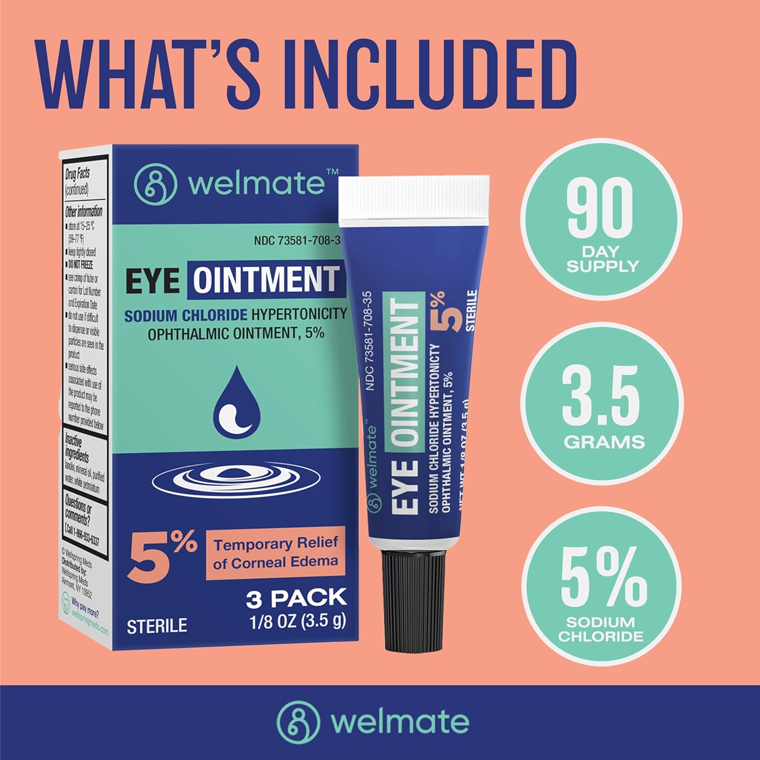 WELMATE - Eye Ointment (3 Pack) - Sodium Chloride Hypertonicity Ophthalmic Ointment 5% - Temporary Relief of Corneal Edema Eye Symptoms - Sterile - Eye Care & Personal Care Products - 1/8 OZ (3.5 g) : Baby