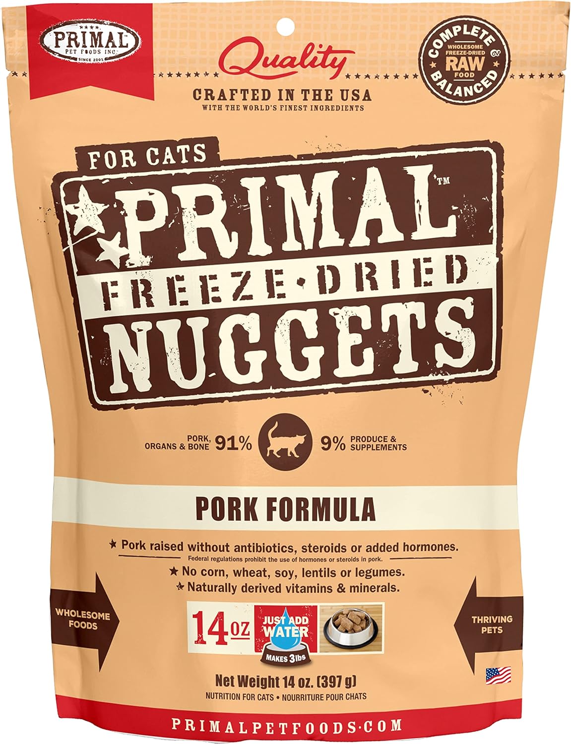 Primal Freeze Dried Cat Food Nuggets Pork; Complete & Balanced Meal Or Topper; Premium, Healthy, Grain Free, High Protein Raw Cat Food With Probiotics (14 Oz)