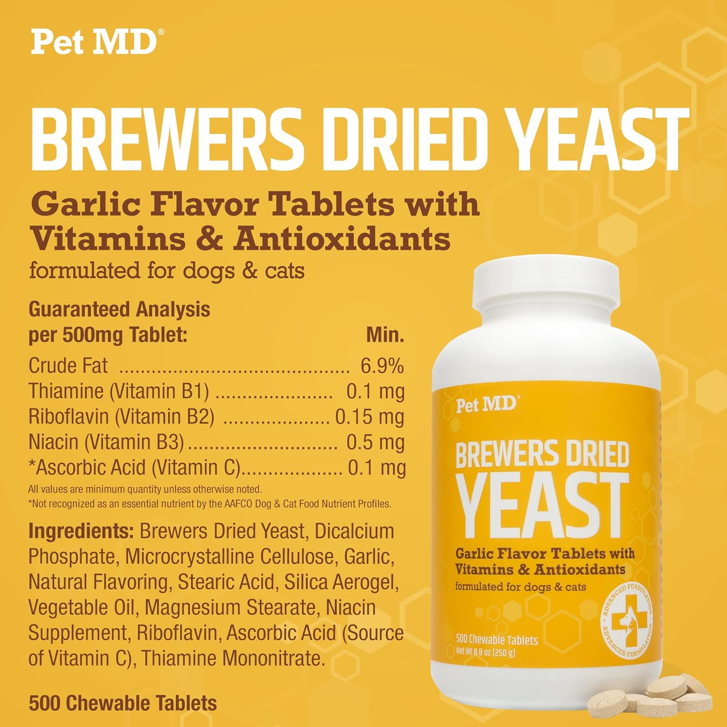 Pet MD Garlic & Brewers Yeast for Dogs & Cats - Garlic and Yeast Plus Antioxidants - Brewer's Yeast Tablets for Dogs & Cats - Vitamin B 1 & Vitamin C - 500 ct : Pet Supplies