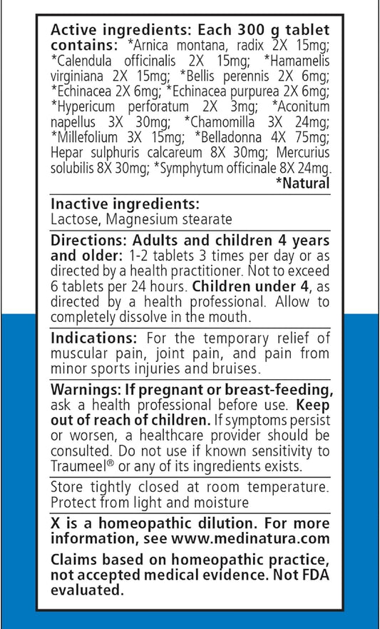 Medinatura Traumeel Homeopathic Arnica + 13 Active Ingredients For Muscle, Joint, Back, Arthritis, Injury, Exercise Related Pain & Soreness - Made In Germany - 100 Tablets