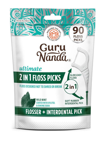 Gurunanda 2 In 1 Dental Floss Picks - Non-Slip Grip Handle, Slide Easy, No Break Or Shred Flosser - Complete Oral Care With Interdental Pick For Healthy Teeth & Gums - Mint Flavor, 90 Count (1 Pack)