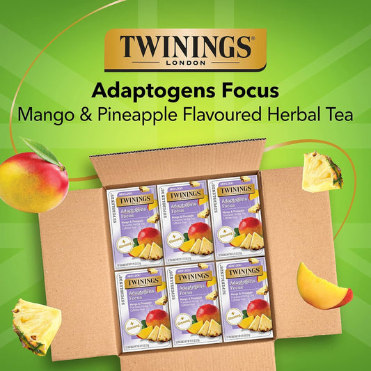 Twinings Superblends Adaptogens Focus With Ginseng Flavoured Mango & Pineapple Herbal, Caffeine-Free, 18 Tea Bags (Pack Of 6), Enjoy Hot Or Iced