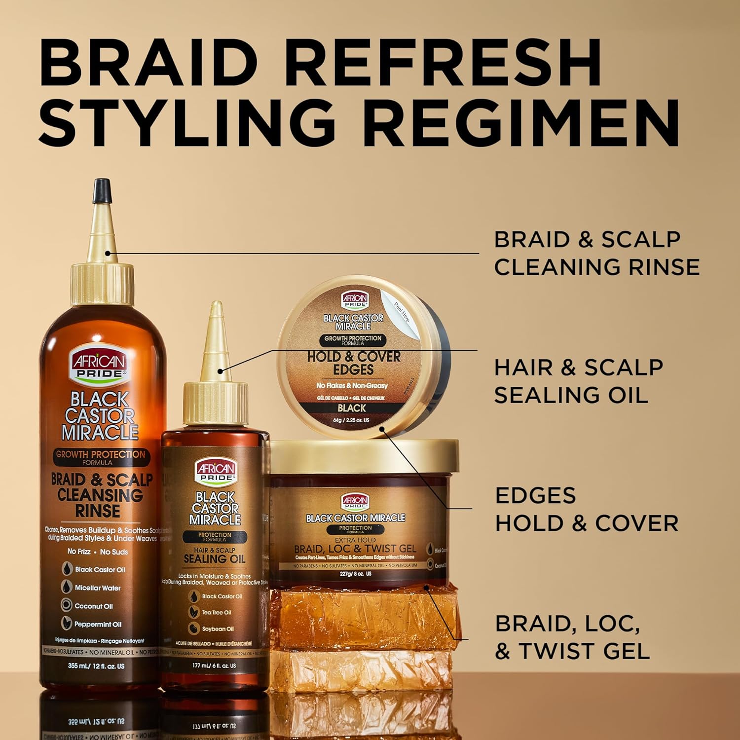 African Pride Black Castor Miracle Extra Hold Braid, Loc, Twist Gel - Extreme Hold Braiding Hair Gel, Edge Control & Tames Frizz, No Flake | Natural Ingredients, Black Castor & Coconut Oil | 12Oz : Beauty & Personal Care
