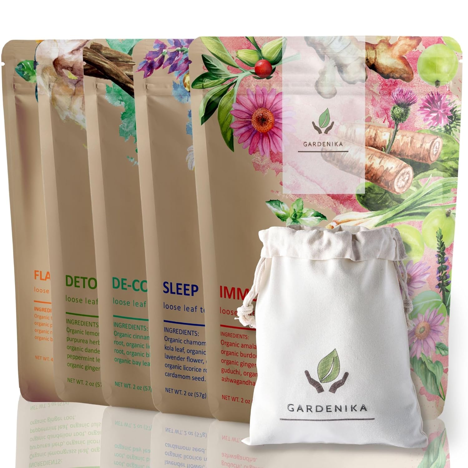 Gardenika Organic Loose Leaf Tea Sampler - Herbal Caffeine-Free Set - Ayurvedic Blend, Ksa Kosher, No Natural Or Artificial Flavors (5 Pack)