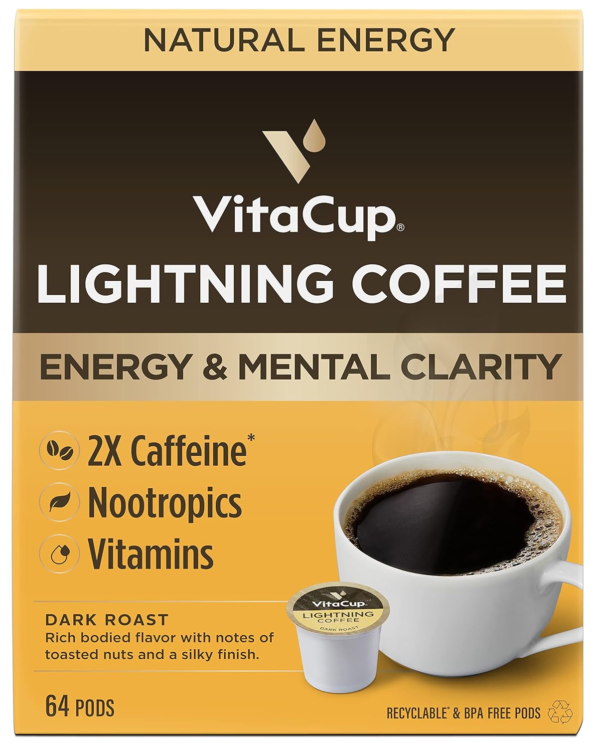 Vitacup Lightning Coffee Pods, Enhance Focus W/ 2X Caffeine, Green Coffee Bean, B Vitamins, D3, Strong Dark Roast Coffee, Single Serve Pod Compatible W/Keurig K-Cup Brewers, 64 Ct (4 Packs Of 16 Ct)