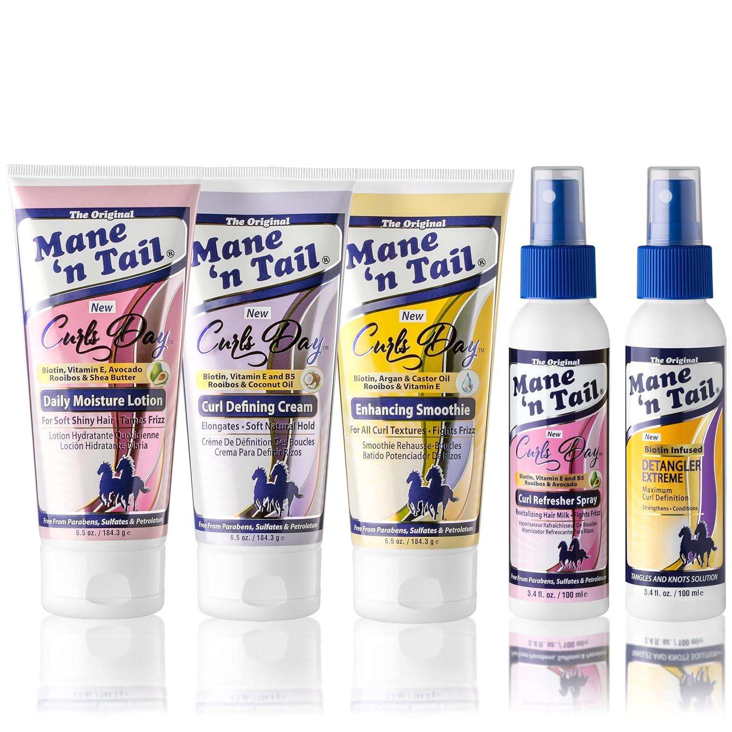 Mane 'N Tail Curls Day Full Set & Extreme Detangler | Curl Defining Cream (6.5 Oz) + Enhancing Smoothie (6.5 Oz) + Daily Moisture Lotion (6.5 Oz) + Curl Refresher Spray (3.4 Oz) + Extreme Detangler