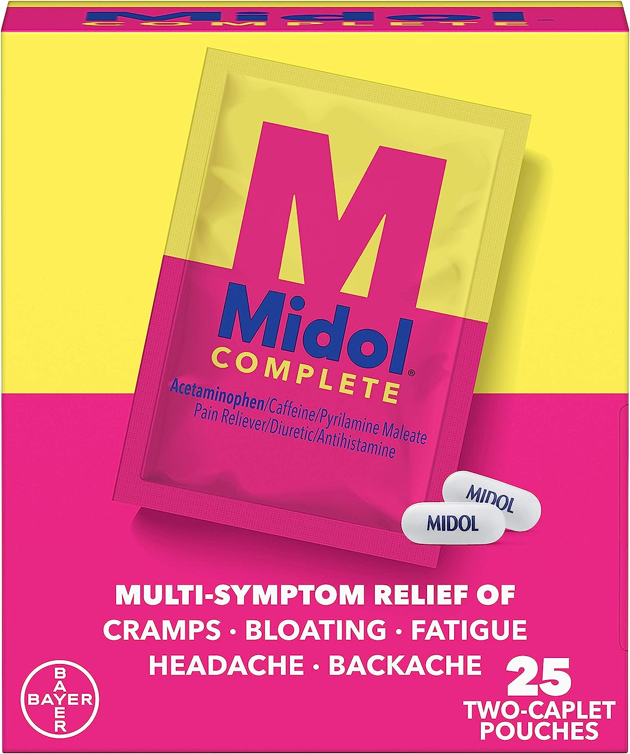 Midol Complete Caplets with Acetaminophen for Menstrual Symptom Relief - 50 Count (25 Pouches of 2), On The Go Period Cramp Relief and Menstrual Pain Relief