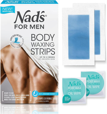 Nad'S For Men Ready To Use Body Wax Strips, Wax Strips Men, Mens Hair Removal, Includes 20 Waxing Strips & 2 Post Wax Calming Oil Wipes, 20 Count (Pack Of 1)