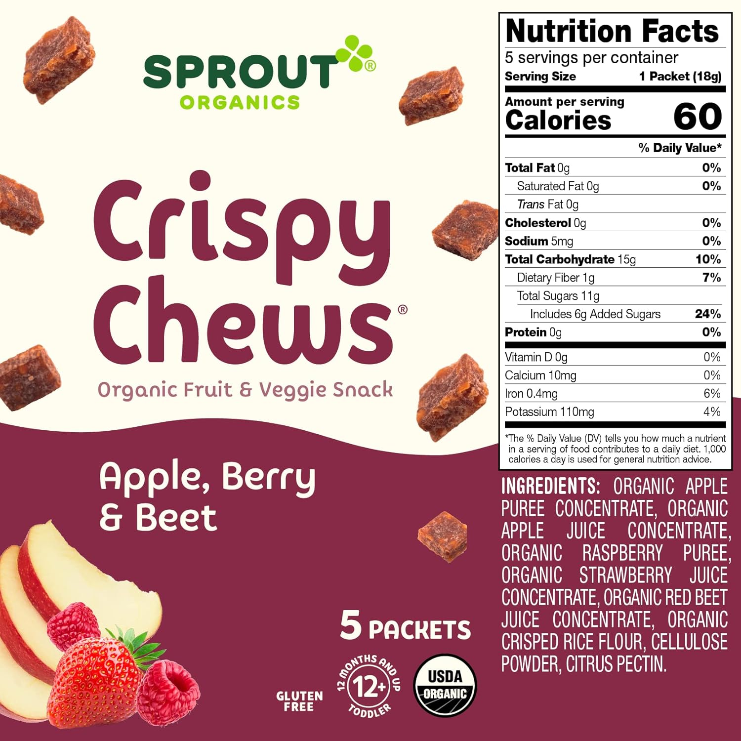 Sprout Organic Baby Food, Stage 4 Toddler Fruit Snacks, Red Fruit Beet & Berry Crispy Chews, 0.63 Oz Single Serve Packs (5 Count) (Pack Of 2)