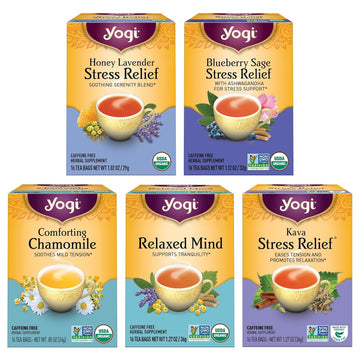 Yogi Tea Stress Relief & Relaxation Tea Variety Pack Sampler - 16 Tea Bags Per Pack (5 Packs) - Organic Relaxing Tea Sampler Set - Calming Tea, Comforting Chamomile Tea, Relaxed Mind Tea & More