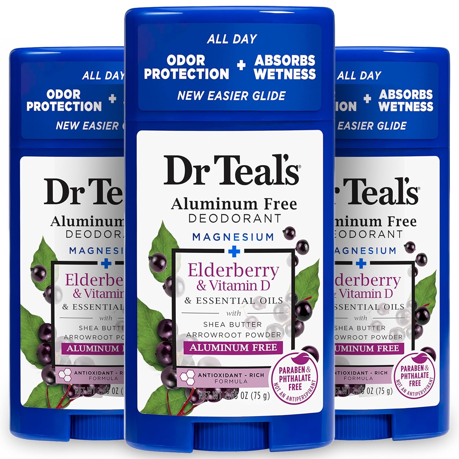 Dr Teal's Aluminum Free Deodorant, Elderberry & Vitamin D with Essential Oils, 2.65 oz (Pack of 3)