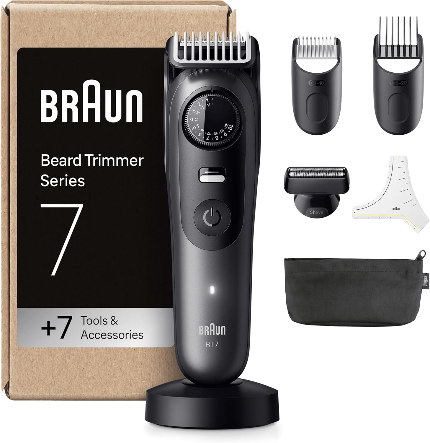 Braun Beard Trimmer Series 7, +12 Barbering Tools, Lifetime Sharp Problade, Up To 120 Min Runtime, 40 Lengths, Waterproof, Precisionwheel & Lock, Bt7545, Grey