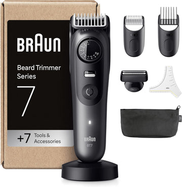 Braun Beard Trimmer Series 7, +7 Barbering Tools, Lifetime Sharp Problade, Up To 120 Min Runtime, 40 Lengths, Waterproof, Precisionwheel & Lock, Bt7525, Grey