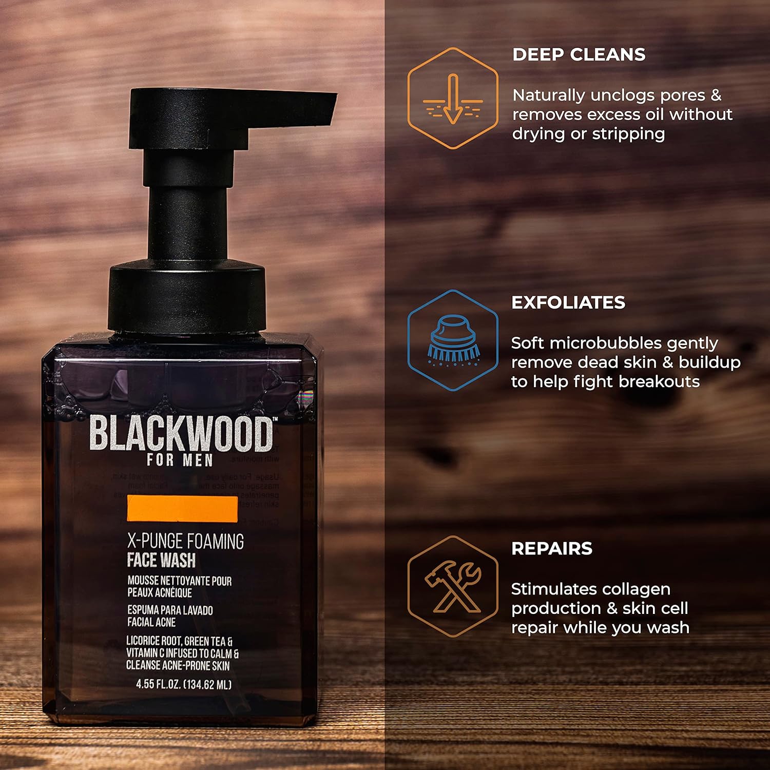 Blackwood For Men X-Punge Foaming Face Wash - Acne Facial Cleanser For Oily to Normal Skin - Deep Cleanse for Exfoliation - Natural Vegan Formula - Paraben Free, Sulfate Free, & Cruelty Free (4.55 oz) : Beauty & Personal Care