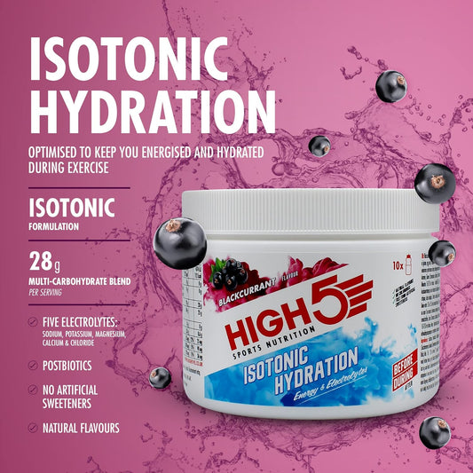 HIGH5 Hydration Energy Drink Powder | Isotonic Electrolyte Hydration | 28 g Carbs | 25mg Magnesium | Added Postbiotics | Zero Fat | (Blackcurrant, 300g)