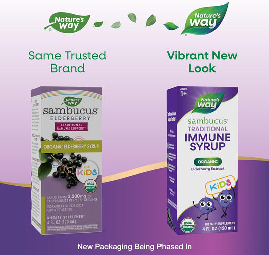 Nature'S Way Sambucus Elderberry Traditional Immune Syrup For Ages 1+, Traditional Immune Support*, Antioxidant Support*, Black Elderberry Extract, Usda Certified Organic, 4 Fl Oz (Packaging May Vary)