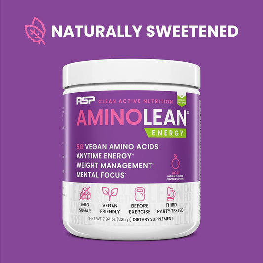 Rsp Aminolean - All-In-One Natural Pre Workout, Amino Energy, Weight Management - Vegan Bcaas, Preworkout For Men & Women, Acai, 25 Serv