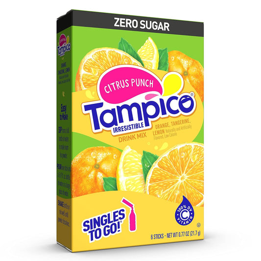 Tampico Singles To Go Drink Mix Packets,Citrus Punch, Zero Sugar, Low Calorie, 100% Dv Of Vitamin C Per Serving, Convenient, On-The-Go Water Enhancers, 6 Count (Pack - 12)