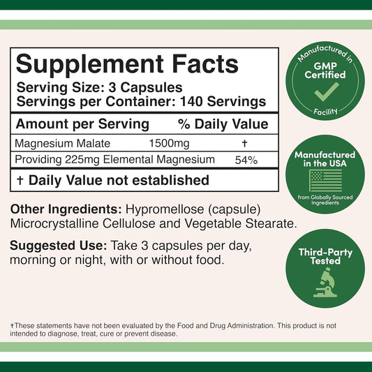 Magnesium Malate Capsules (420 Count) - 1,500Mg Per Serving (Magnesium Bonded To Malic Acid), Third Party Tested, Vegan Friendly, Gluten Free By Double Wood Supplements